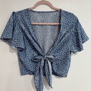 Blue Polka Dot Tie-Front Women's Top
